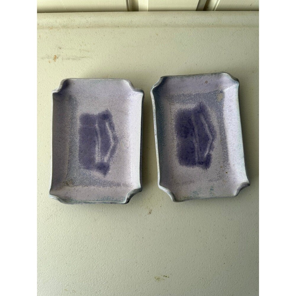Signed Hilo Hawaii 1998 Vintage Handmade Pair Of Lavender Pottery Ceramic Trays